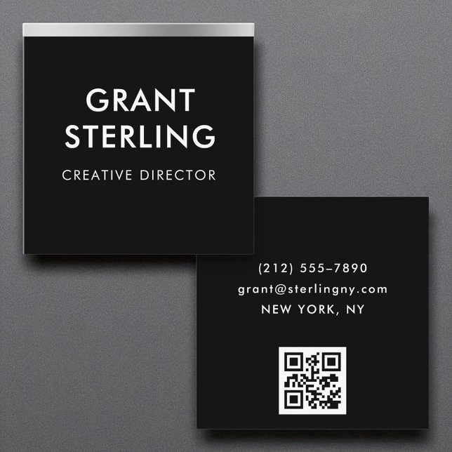 Black Silver Foil Minimal Typography QR Code Square Business Card (Creator Uploaded)