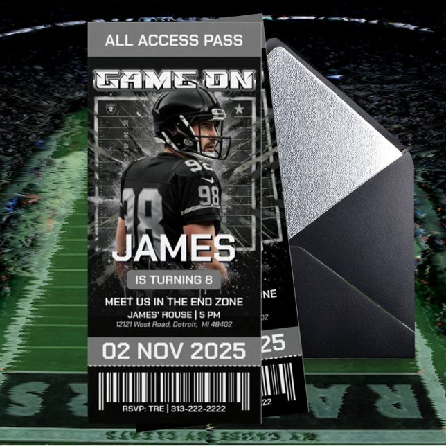Black & Silver Football Ticket Birthday Invitation (Creator Uploaded)
