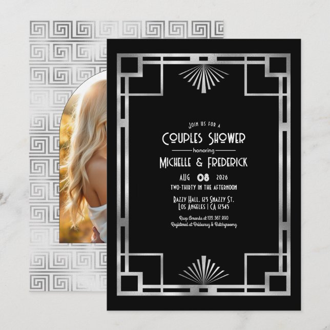 Black & Silver Gatsby Art Deco Couples Shower Invitation (Front/Back)