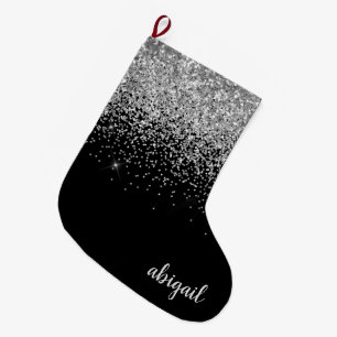 Black Silver Girly Glitter Shimmer Modern Stylish Large Christmas Stocking