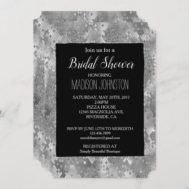 Black Silver Glam Glitter Snake Skin Invitation (Front/Back)