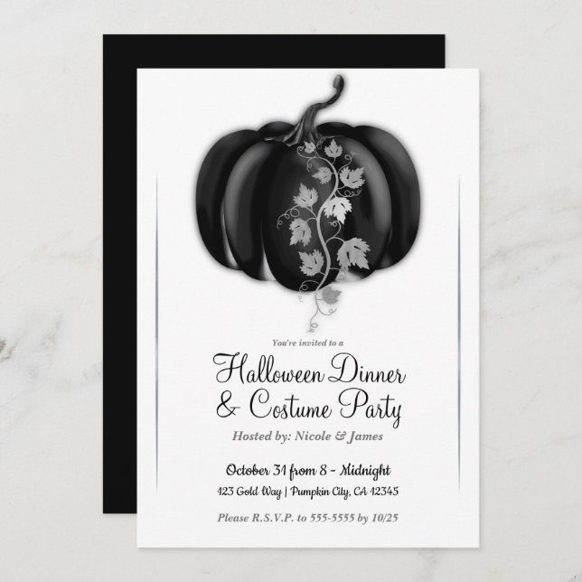 Black & Silver Glam Pumpkin Halloween Dinner Party Invitation (Front/Back)