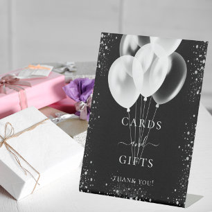 Black silver glitter balloons gifts cards guest pedestal sign