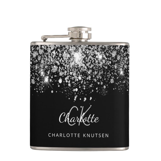 Black silver glitter best friends monogram hip flask (Front)