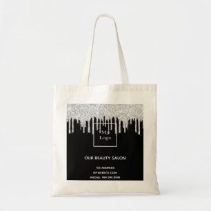 Black silver glitter business logo beauty salon tote bag