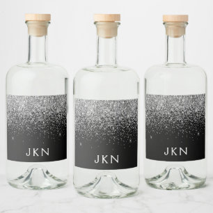 Black Silver Glitter Chic Monogram Name Liquor Bottle Label