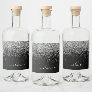 Black Silver Glitter Chic Monogram Name Liquor Bottle Label