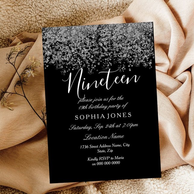 Black Silver Glitter Confetti 19th birthday party Invitation (Creator Uploaded)