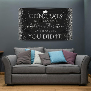 Black & Silver Glitter Congrats Graduation Banner