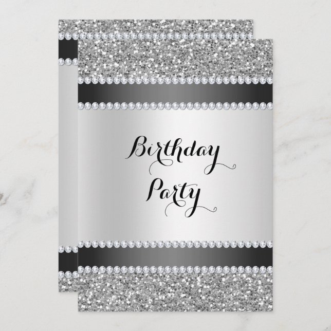 Black & Silver, Glitter & Diamonds Birthday Invitation (Front/Back)