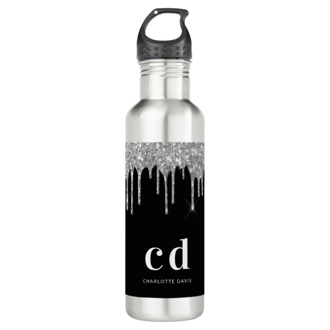 Black silver glitter drips monogram sparkle 710 ml water bottle (Front)