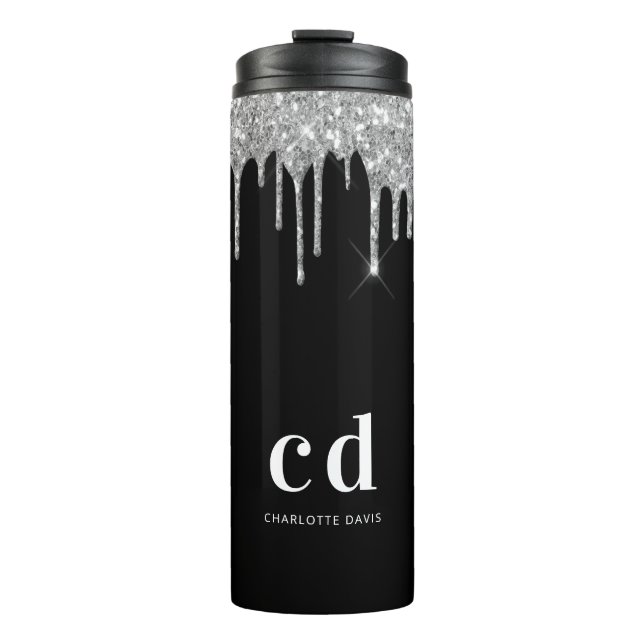 Black silver glitter drips monogram sparkle thermal tumbler (Front)