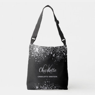 Black silver glitter dust monogram initials crossbody bag