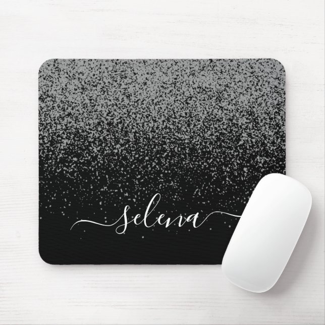 Black Silver Glitter Girly Monogram Mouse Pad (With Mouse)