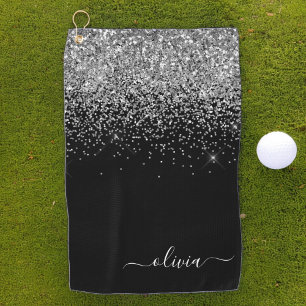 Black Silver Glitter Girly Monogram Name Golf Towel