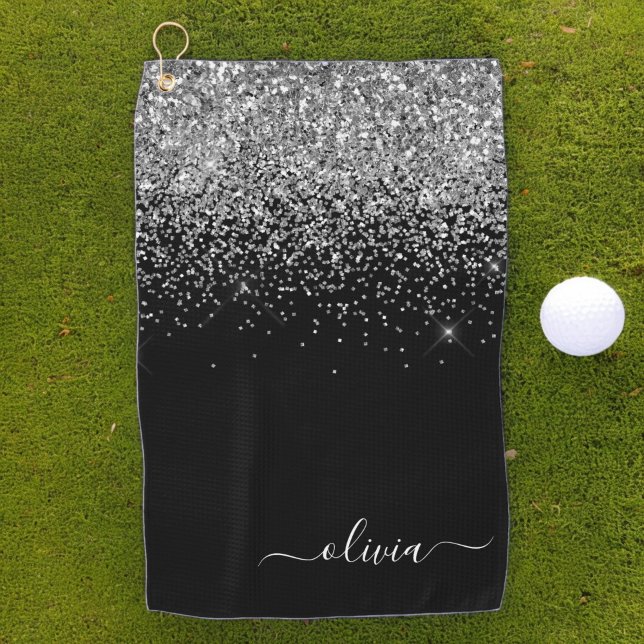 Black Silver Glitter Girly Monogram Name Golf Towel (Creator Uploaded)