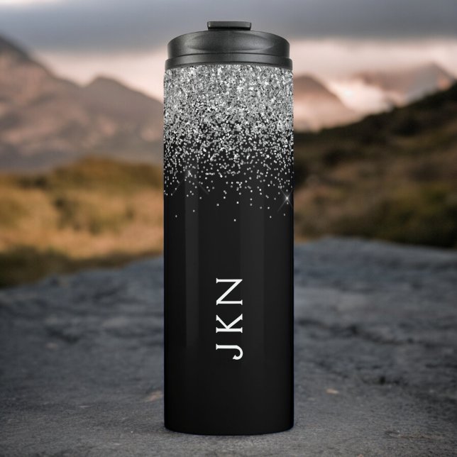 Black Silver Glitter Girly Monogram Name Thermal Tumbler (Creator Uploaded)