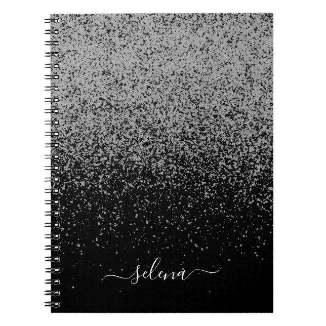 Black Silver Glitter Girly Monogram Notebook (Front)