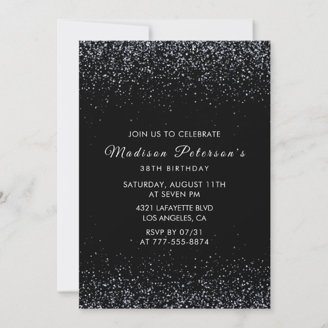 Black Silver Glitter Glam Chic 38th birthday Invitation (Front)
