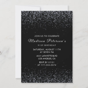 Black Silver Glitter Glam Chic 91st birthday Invitation
