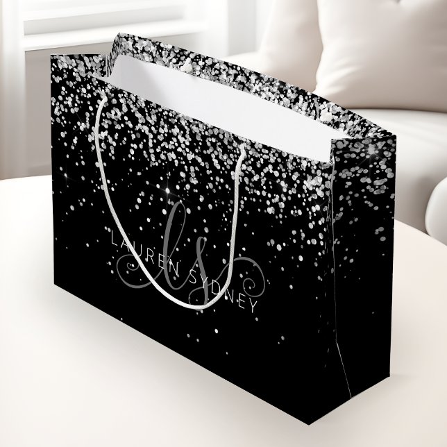 Black Silver Glitter Glam Monogram Name Large Gift Bag (Creator Uploaded)
