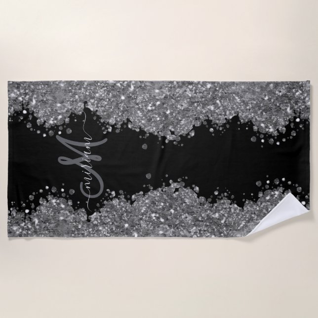 Black Silver Glitter Grey Modern Monogram Beach Towel (Front)