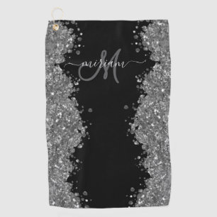 Black Silver Glitter Grey Modern Monogram Golf Towel
