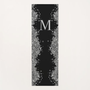 Black Silver Glitter Grey Modern Monogram Yoga Mat