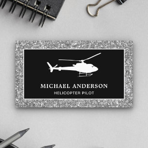 Black Silver Glitter Helicopter Pilot Business Card