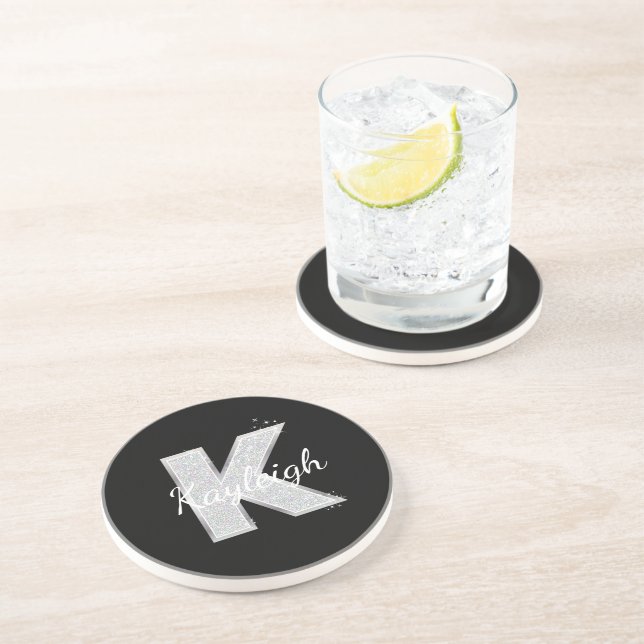 Black Silver Glitter letter K Coaster (Side)