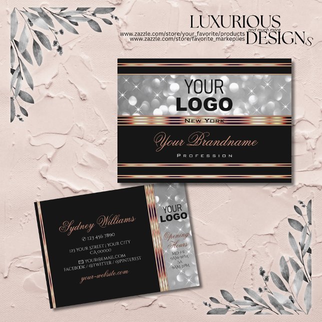 Black Silver Glitter Logo Rose Gold Decor Border Business Card (Creator Uploaded)