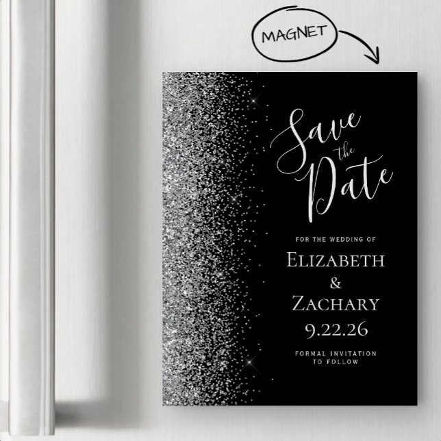 Black Silver Glitter Magnetic Save the Date (Creator Uploaded)