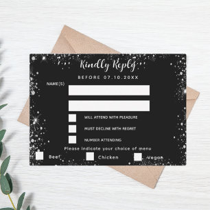 Black silver glitter menu choises wedding RSVP