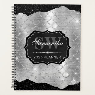 Black & Silver Glitter Mermaid Fish Scale Monogram Planner