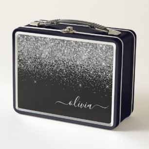 Black Silver Glitter Metal Girly Monogram Name Lunch Box
