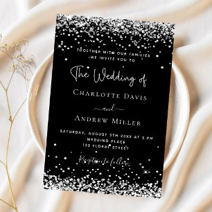 Black silver glitter modern luxury wedding invitation