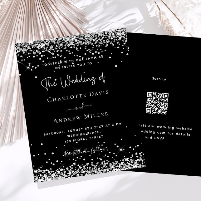Black silver glitter modern QR RSVP budget wedding (Creator Uploaded)