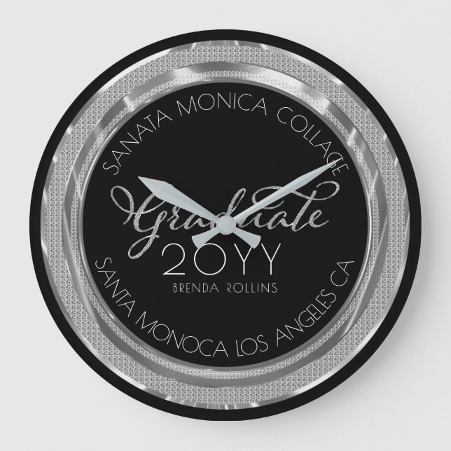 Black & Silver Glitter Modern Typography Graduate Large Clock (Front)