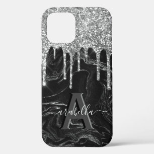 Black Silver Glitter Monogram iPhone 12 Case