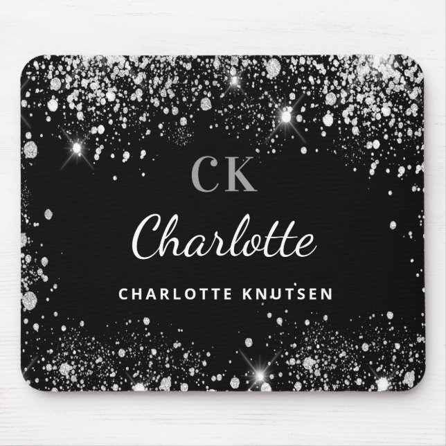 Black silver glitter monogram initails name  mouse pad (Front)