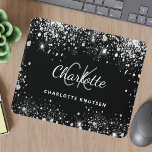Black silver glitter monogram initails name mouse pad<br><div class="desc">A classic,  stylish black background. Decorated with faux silver glitter dust. Personalise and add your first name,  monogram initials and full name.</div>