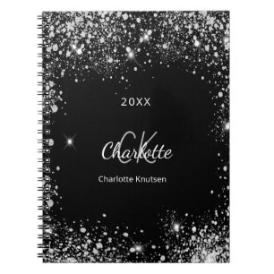 Black silver glitter monogram initials glamourous notebook