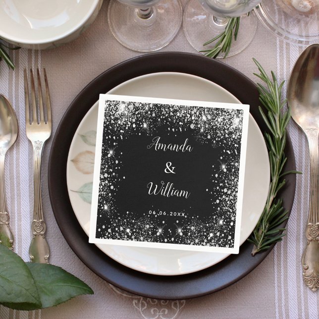 Black silver glitter monogram wedding napkin (Creator Uploaded)