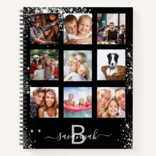 Black silver glitter name monogram photo collage notebook