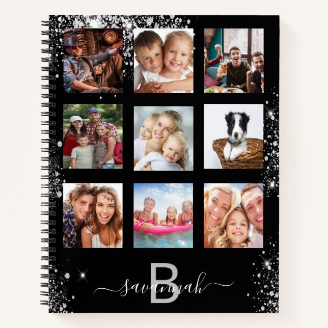 Black silver glitter name monogram photo collage notebook (Front)