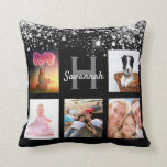 Black silver glitter photo collage monogram name cushion<br><div class="desc">A unique gift for a birthday, Christmas, mother's day, celebrating her life with a collage of 5 of your own photos, pictures. Personalise and add her name and monogram letter. A stylish black background. Decorated with faux silver glitter dust. Grey and white letters. The name is written with a modern...</div>