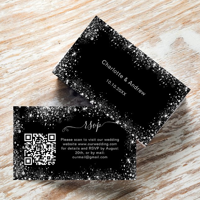 Black silver glitter QR code RSVP Enclosure Card (Creator Uploaded)