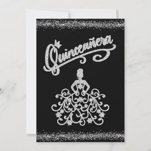 BlacK Silver Glitter Quinceañera 15 Invitation (Front)