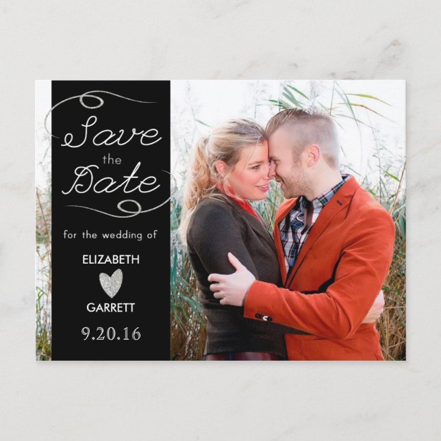 Black / Silver Glitter Save the Date Postcard (Front)