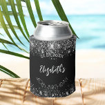 Black silver glitter script birthday can cooler<br><div class="desc">A black background. Decorated with faux silver sparkles.  Personalise and add the date and your name,  age.  White text.</div>